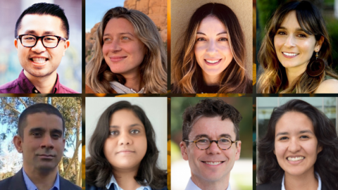 Photo of Social Ecology new professors: Top row, from left: Tony Cheng, Pia Dietze, Şule Güney and Nicole Iturriaga. Bottom row, from left: Mukul Kumar, Avipsa Roy, Jason Schiffman and Carolina Valdivia