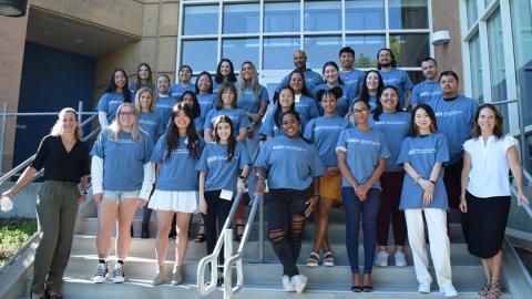 Amanda Geller (bottom left) and Charis Kubrin (bottom right), co-directors of the university’s top-ranked online M.A.S. program in the subject, flank some of the 95 students in the current cohort. Photo by Jessica Y. Gutierrez